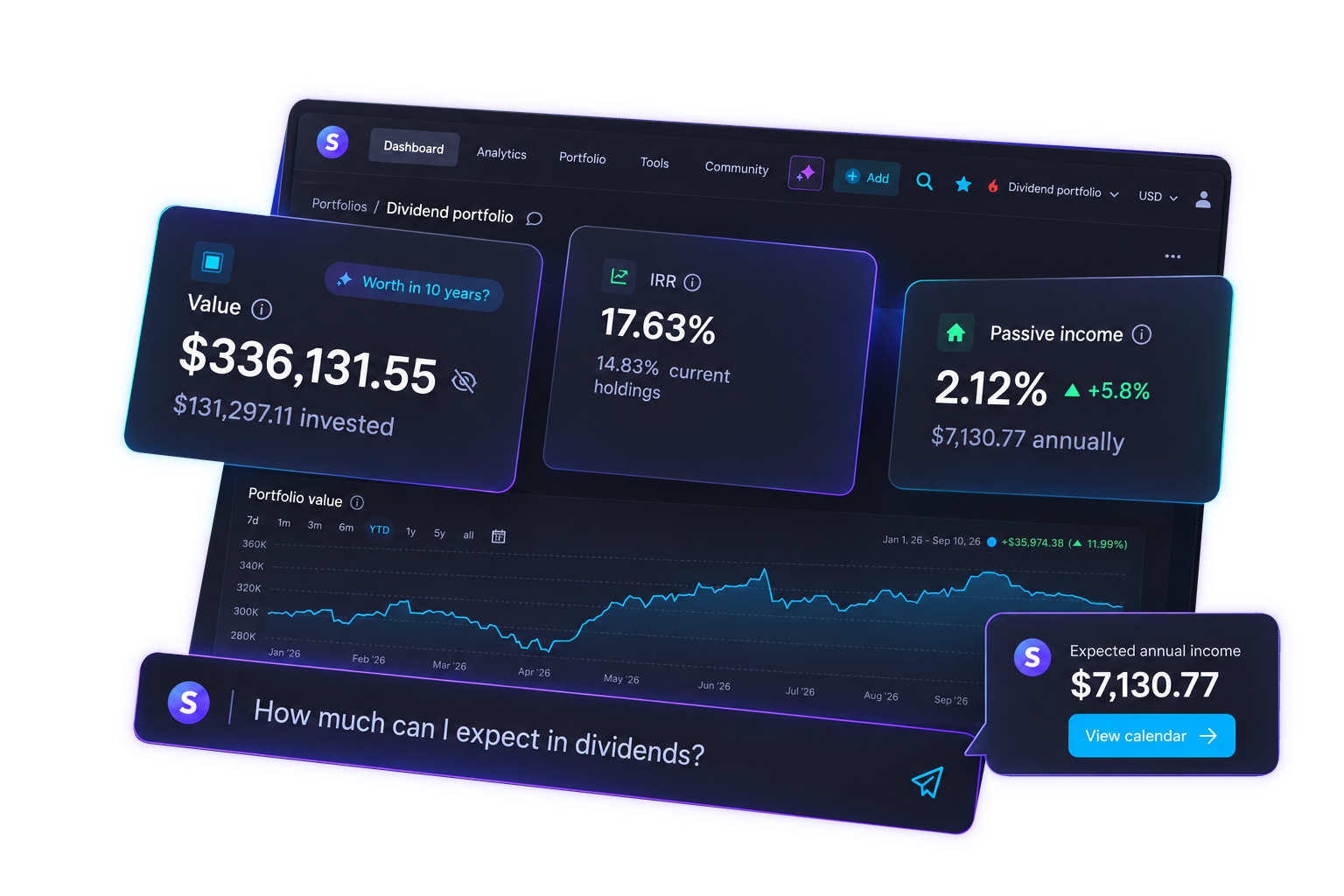 Snowball Analytics dashboard with Ask answering how much dividend income to expect, showing portfolio value, IRR and passive income
